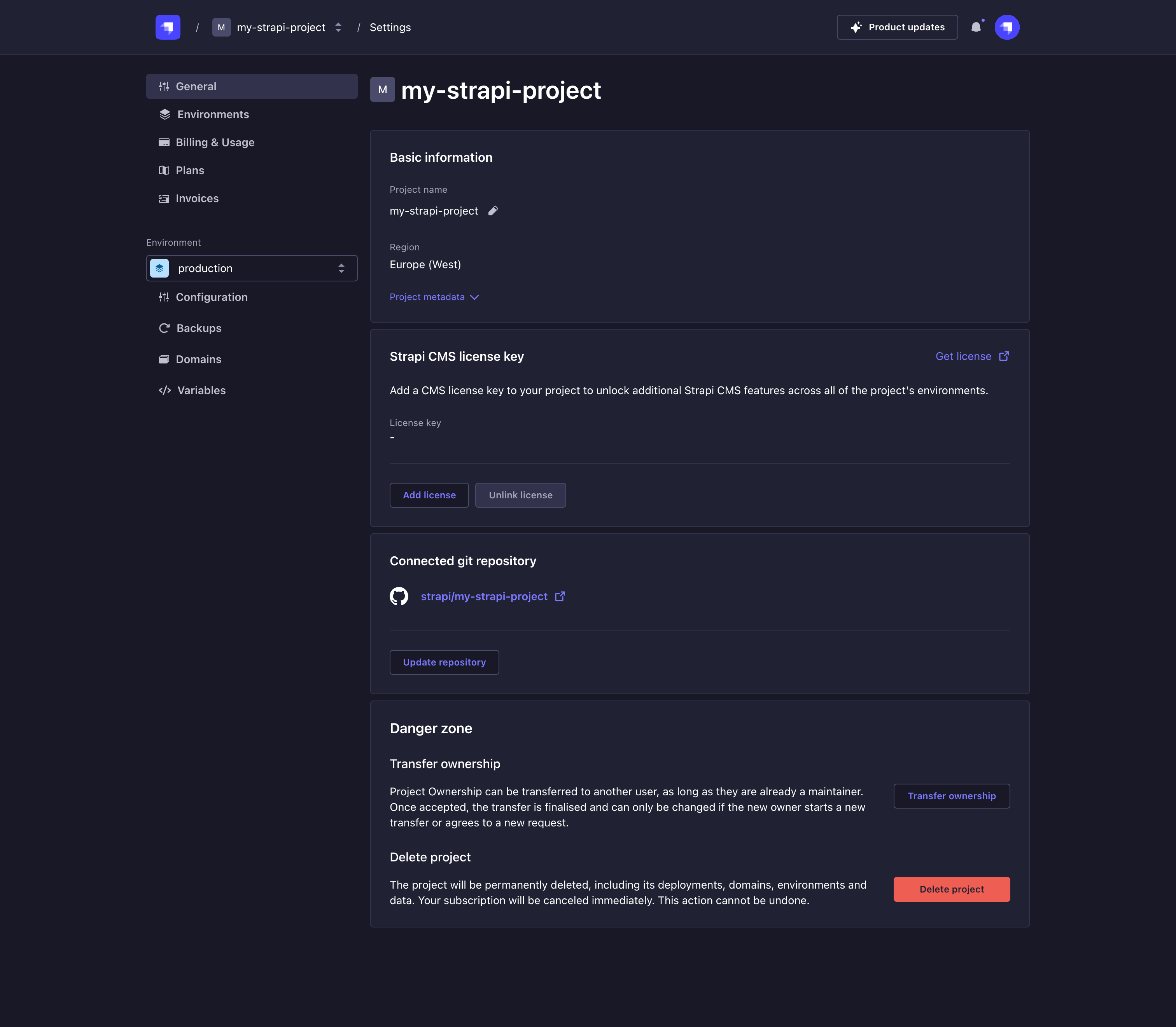 Project settings page